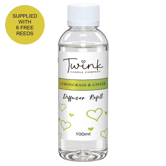 Lemongrass & Ginger 100ml reed diffuser refill bottle by Twink Candle Company on a white background, supplied with six free reeds