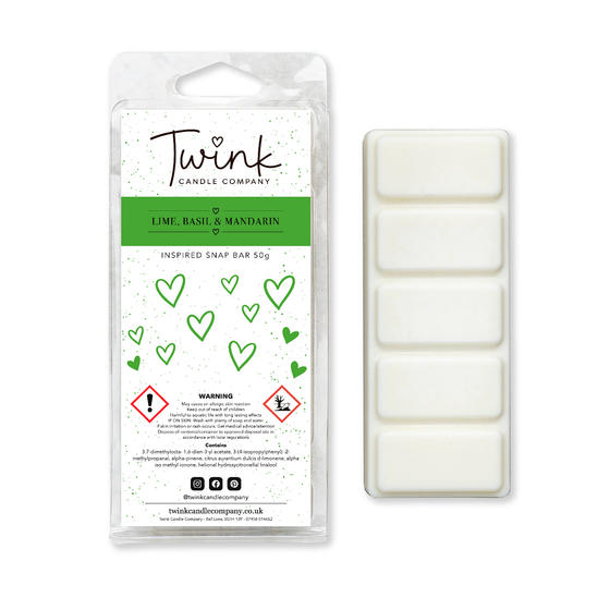 Lime, Basil & Mandarin soy wax melt snap bar with its five break-apart wax melts on a white background, by Twink Candle Company