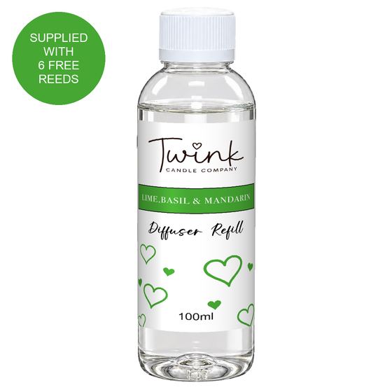 Lime, Basil & Mandarin 100ml reed diffuser refill bottle by Twink Candle Company on a white background, supplied with six free reeds