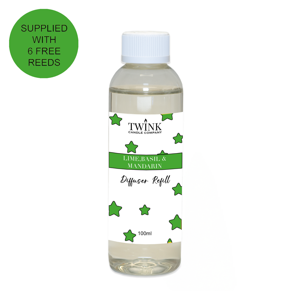 Lime, Basil & Mandarin diffuser refill by Twink Candle Company, a clear 100ml bottle with a white cap and green star label, supplied with 6 free reeds