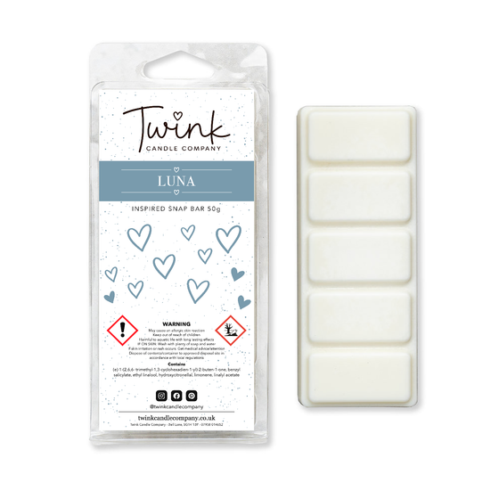 Luna inspired soy wax melt snap bar with its five break-apart wax melts on a white background, by Twink Candle Company