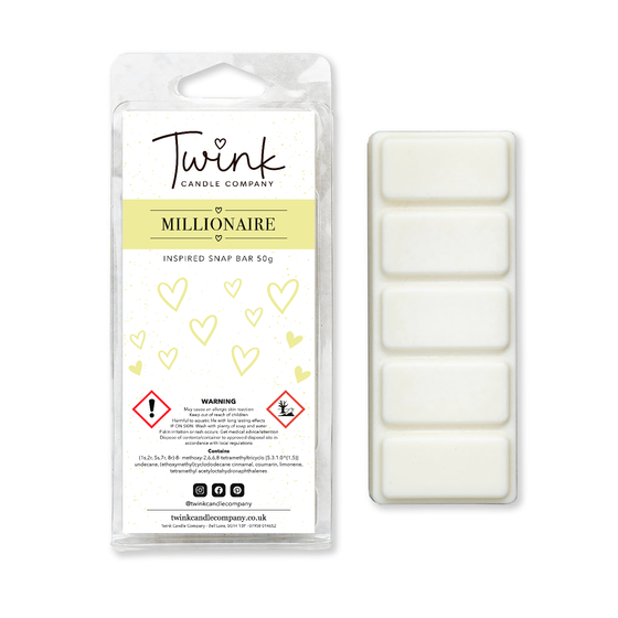 Millionaire inspired soy wax melt snap bar with its five break-apart wax melts on a white background, by Twink Candle Company