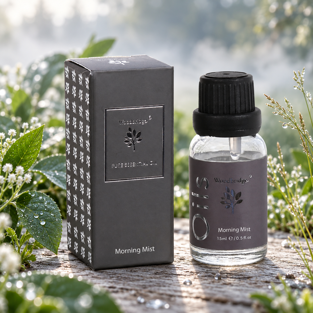 Woodbridge Morning Mist essential oil 15ml bottle and box on weathered wood with dewy green foliage