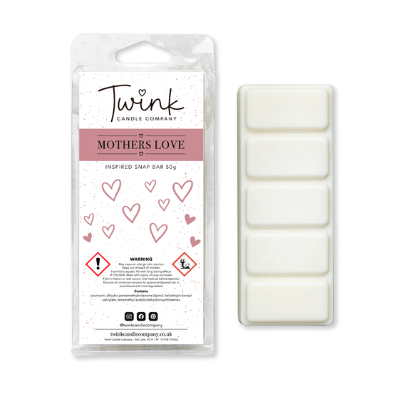 Mothers Love inspired soy wax melt snap bar with its five break-apart wax melts on a white background, by Twink Candle Company
