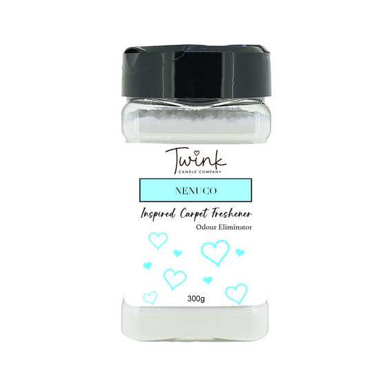 Nenuco inspired carpet freshener by Twink Candle Company, a 300g odour-eliminating shaker jar on a white background