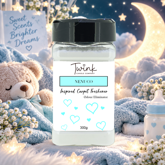 Nenuco inspired carpet freshener by Twink Candle Company, a 300g odour-eliminating shaker jar shown in a themed setting