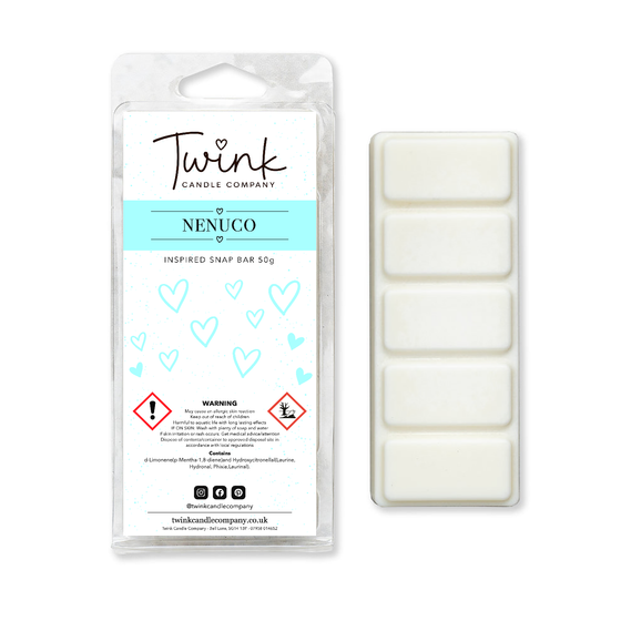 Nenuco soy wax melt snap bar with its five break-apart wax melts on a white background, by Twink Candle Company