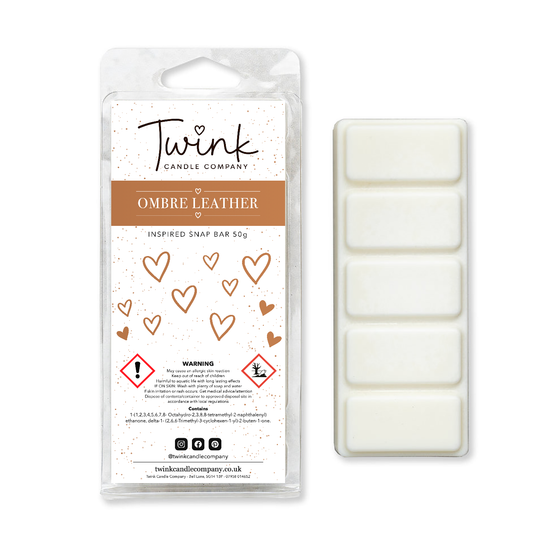 Ombre Leather inspired soy wax melt snap bar with its five break-apart wax melts on a white background, by Twink Candle Company