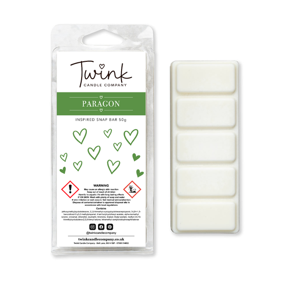 Paragon inspired soy wax melt snap bar with its five break-apart wax melts on a white background, by Twink Candle Company