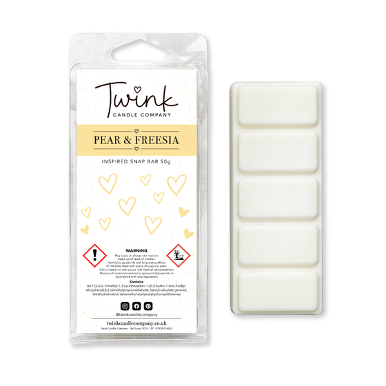 Pear & Freesia soy wax melt snap bar with its five break-apart wax melts on a white background, by Twink Candle Company