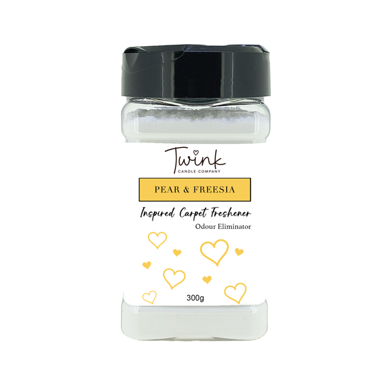 Pear & Freesia (300g) inspired carpet freshener shaker jar on a white background