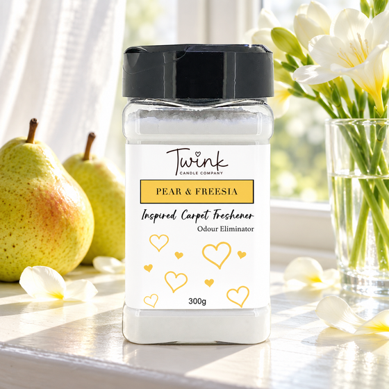 Pear & Freesia (300g) inspired carpet freshener — 300g odour-eliminating shaker jar shown in a themed setting