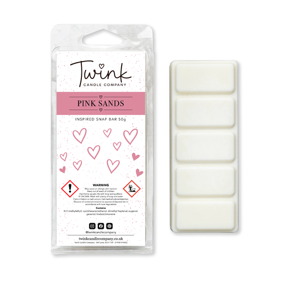 Pink Sands inspired soy wax melt snap bar with its five break-apart wax melts on a white background, by Twink Candle Company