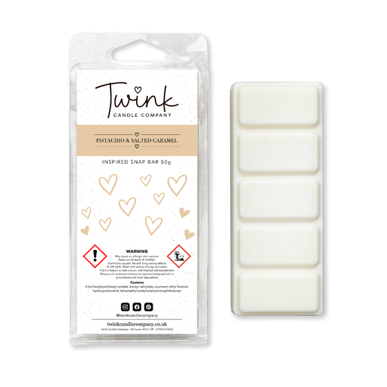 Pistachio & Salted Caramel inspired soy wax melt snap bar with its five break-apart wax melts on a white background, by Twink Candle Company