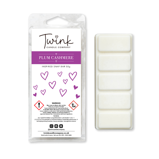 Plum Cashmere soy wax melt snap bar by Twink Candle Company shown with its five break-apart melts on a white background