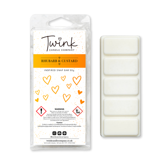 Rhubarb & Custard soy wax melt snap bar with its five break-apart wax melts on a white background, by Twink Candle Company