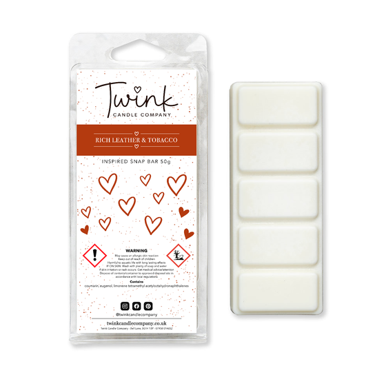 Rich Leather & Tobacco inspired soy wax melt snap bar with its five break-apart wax melts on a white background, by Twink Candle Company