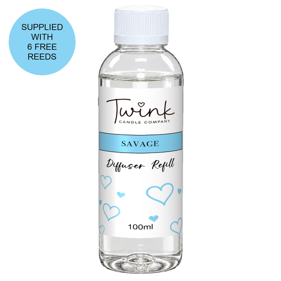 Savage 100ml reed diffuser refill bottle by Twink Candle Company on a white background, supplied with six free reeds