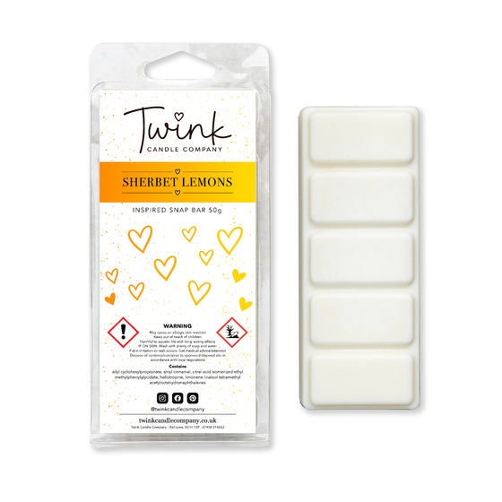 Sherbet Lemons inspired soy wax melt snap bar with its five break-apart wax melts on a white background, by Twink Candle Company