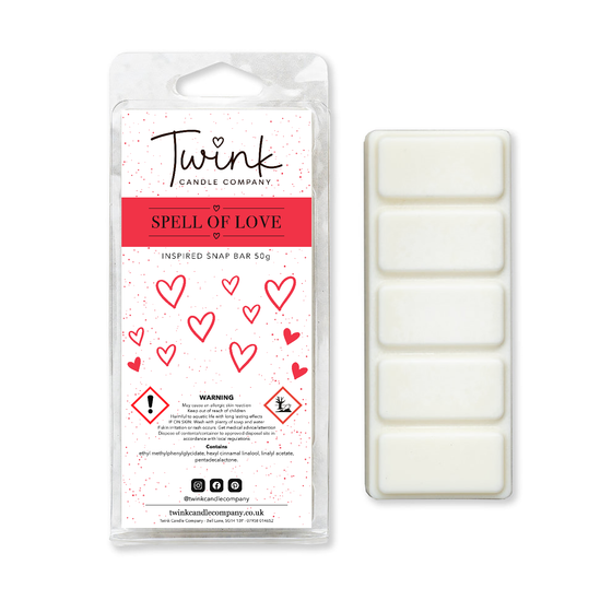 Spell Of Love inspired soy wax melt snap bar with its five break-apart wax melts on a white background, by Twink Candle Company