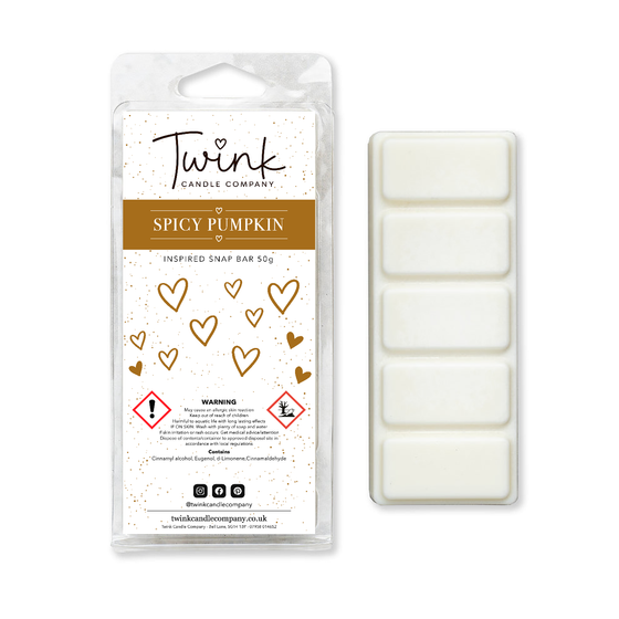 Spicy Pumpkin soy wax melt snap bar with its five break-apart wax melts on a white background, by Twink Candle Company