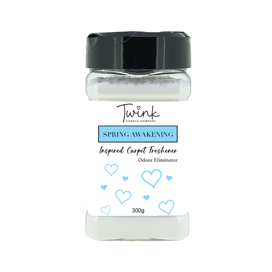 Spring Awakening inspired carpet freshener by Twink Candle Company, a 300g odour-eliminating shaker jar on a white background
