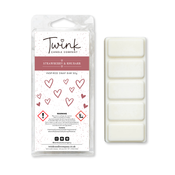 Strawberry & Rhubarb soy wax melt snap bar with its five break-apart wax melts on a white background, by Twink Candle Company