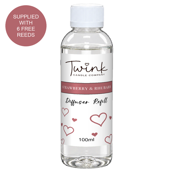Strawberry & Rhubarb 100ml reed diffuser refill bottle by Twink Candle Company on a white background, supplied with six free reeds