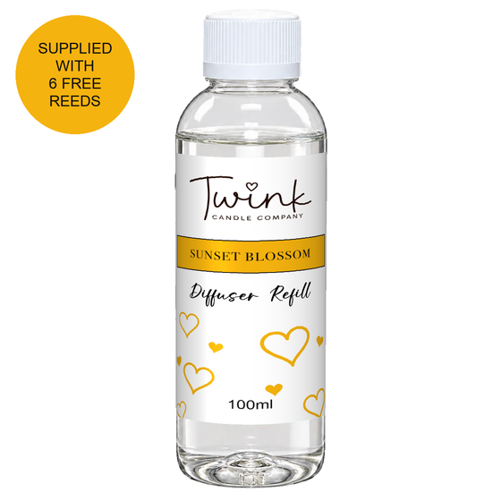 Sunset Blossom 100ml reed diffuser refill bottle by Twink Candle Company on a white background, supplied with six free reeds