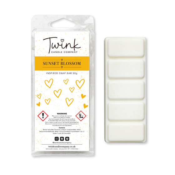 Sunset Blossom inspired soy wax melt snap bar with its five break-apart wax melts on a white background, by Twink Candle Company