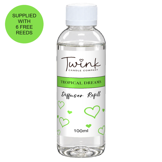 Tropical Dreams 100ml reed diffuser refill bottle by Twink Candle Company on a white background, supplied with six free reeds