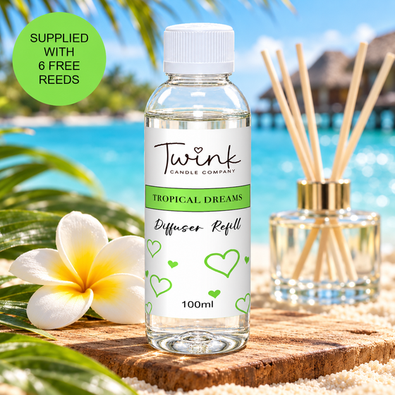 Tropical Dreams reed diffuser refill by Twink Candle Company, a 100ml bottle on a teak board by a turquoise lagoon with palm trees