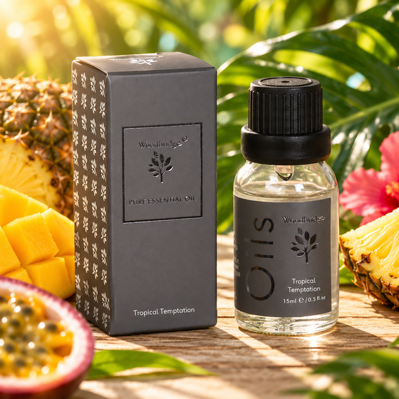 Woodbridge Tropical Temptation essential oil 15ml bottle and box on sun-bleached wood with pineapple, mango and passion fruit