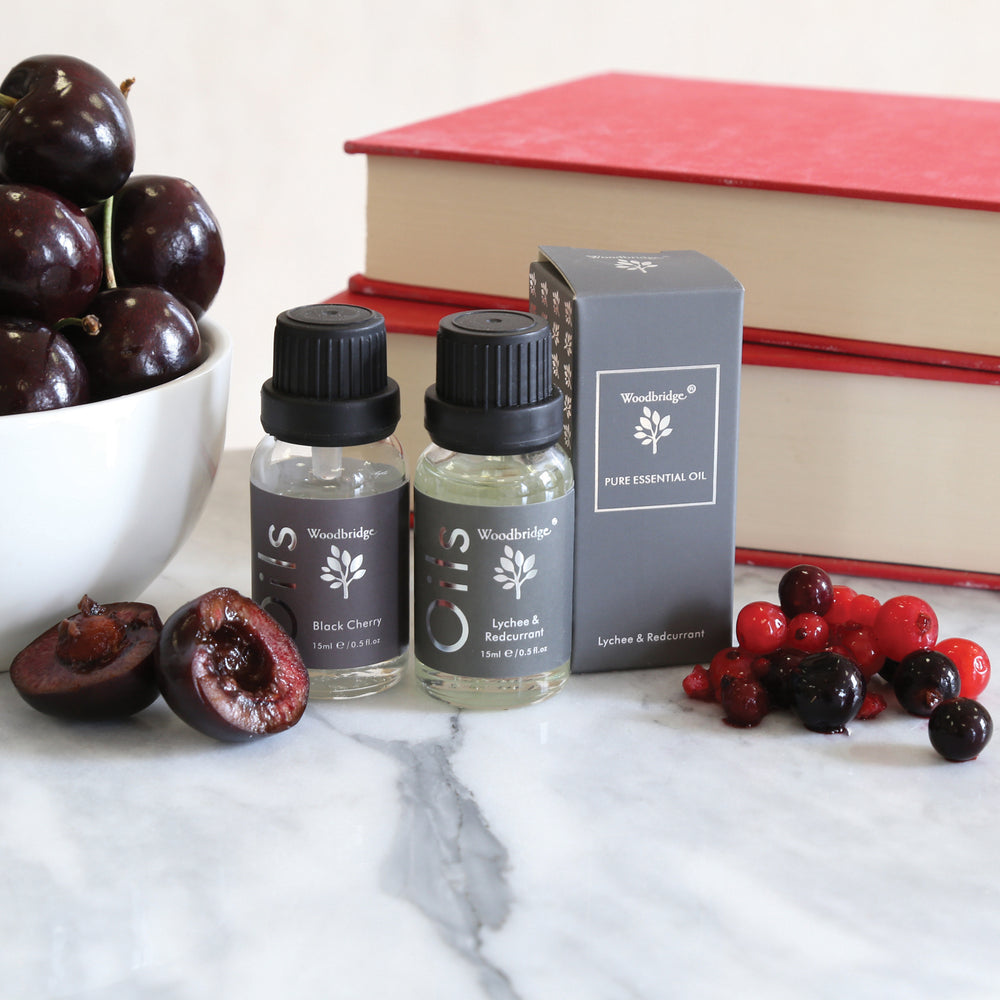 Woodbridge Black Cherry essential oil 15ml bottle and box styled lifestyle