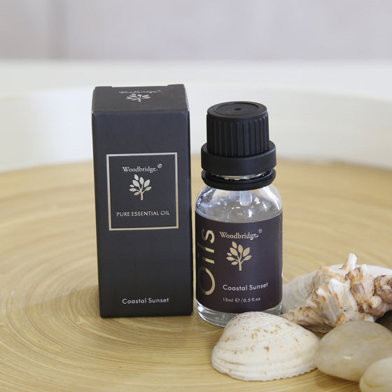 Woodbridge Coastal Sunset essential oil 15ml bottle and box styled lifestyle