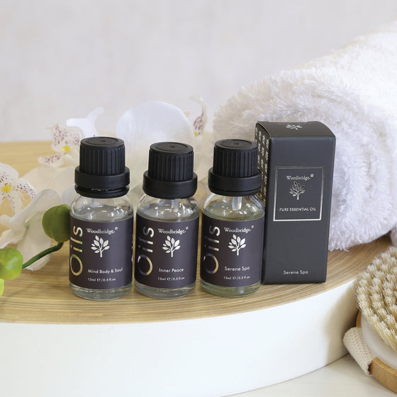 Woodbridge Inner Peace essential oil 15ml bottle and box styled lifestyle