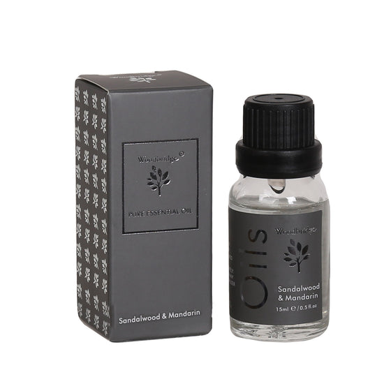 Woodbridge Sandalwood & Mandarin essential oil 15ml bottle and box on a white background