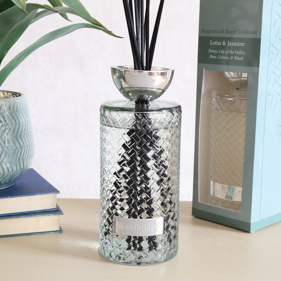 Woodbridge Lotus & Jasmine 1000ml reed diffuser styled in a room