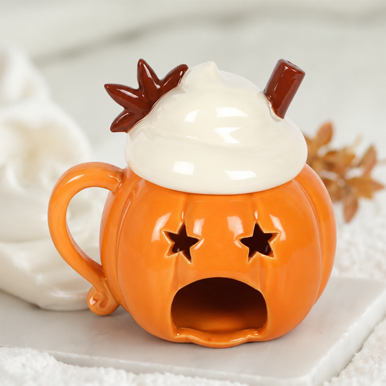 Whipped cream pumpkin wax/oil burner by Twink Candle Company — orange pumpkin burner with a star-eyed face, whipped-cream lid and cinnamon stick