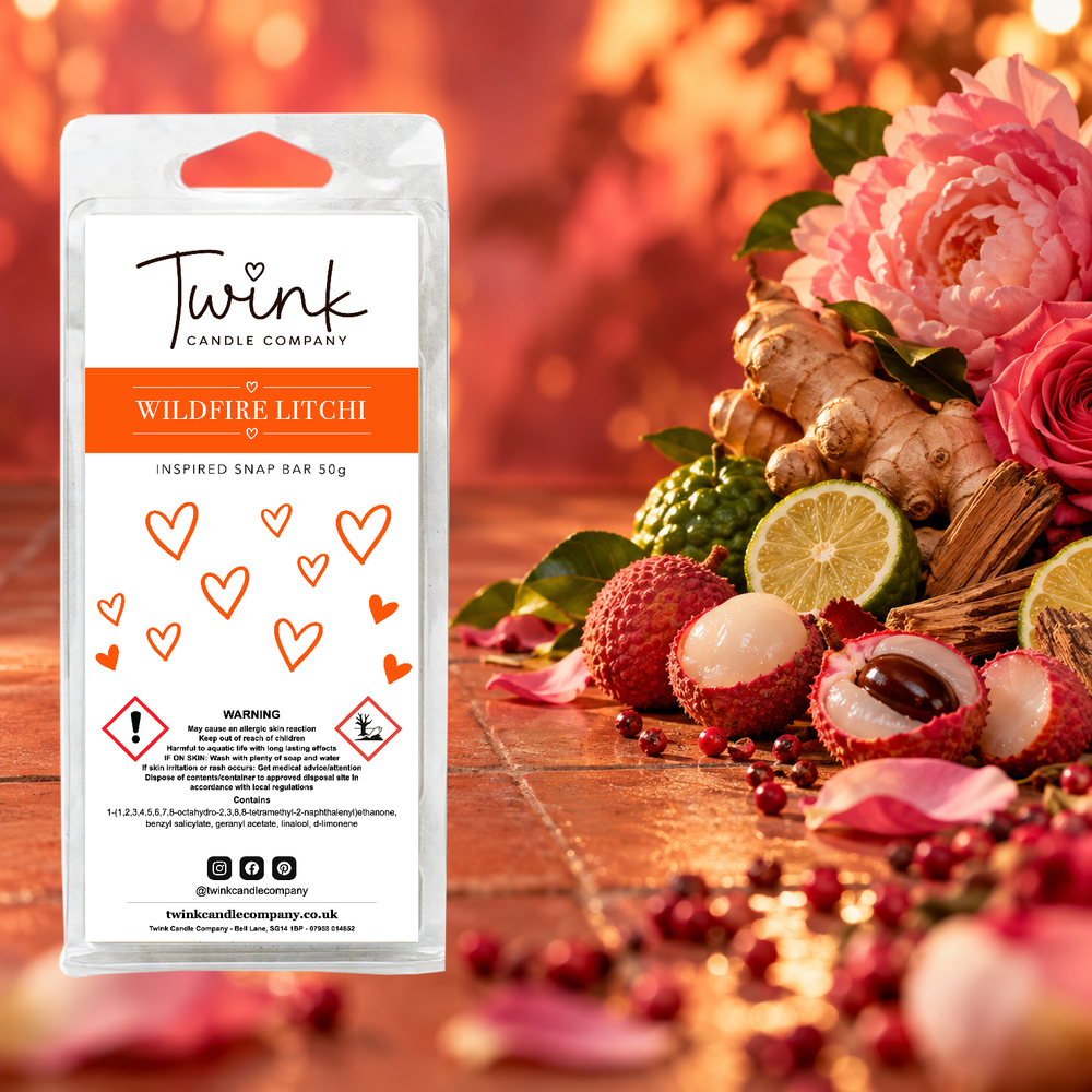 Wildfire Litchi inspired soy wax melt snap bar by Twink Candle Company, with fresh lychees, citrus, ginger and peonies