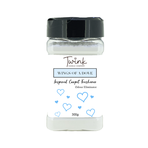 Wings Of A Dove inspired carpet freshener by Twink Candle Company, a 300g odour-eliminating shaker jar on a white background