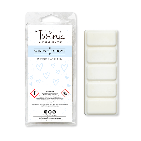 Wings Of A Dove soy wax melt snap bar with its five break-apart wax melts on a white background, by Twink Candle Company