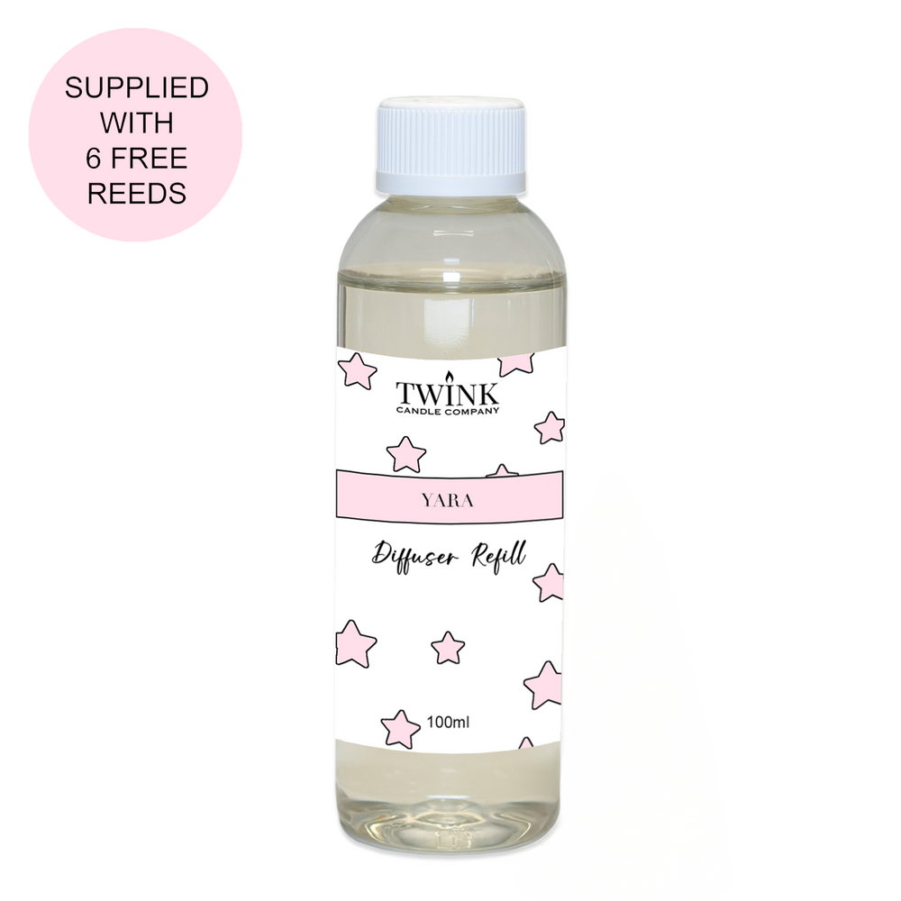 Yara diffuser refill by Twink Candle Company, a clear 100ml bottle with a white cap and pink star label, supplied with 6 free reeds