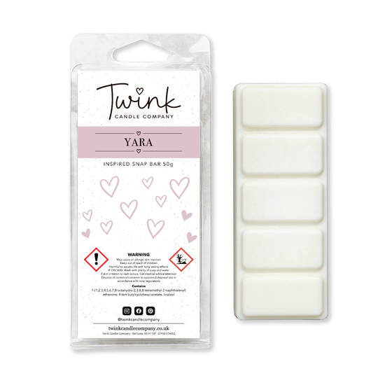 Yara inspired soy wax melt snap bar with its five break-apart wax melts on a white background, by Twink Candle Company