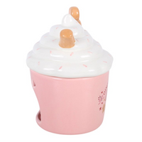 Pink gingerbread latte wax/oil burner by Twink Candle Company, lid removed