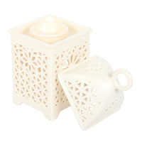 Lantern style wax and oil burner by Twink Candle Company, shown with the lid lifted off beside it