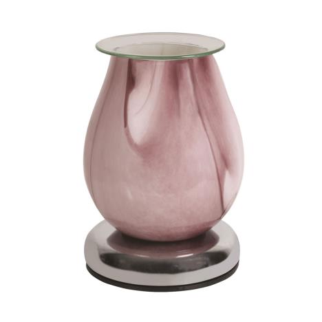 Purple swirl touch wax and oil burner by Twink Candle Company, swirled pink glass on a chrome base