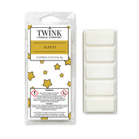 Alfeti inspired 50g soy wax melt snap bar in its packet beside the unwrapped bar and its five break-apart segments