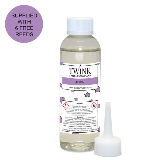 Aliens reed diffuser refill by Twink Candle Company, a 100ml bottle with pouring nozzle and six free reeds