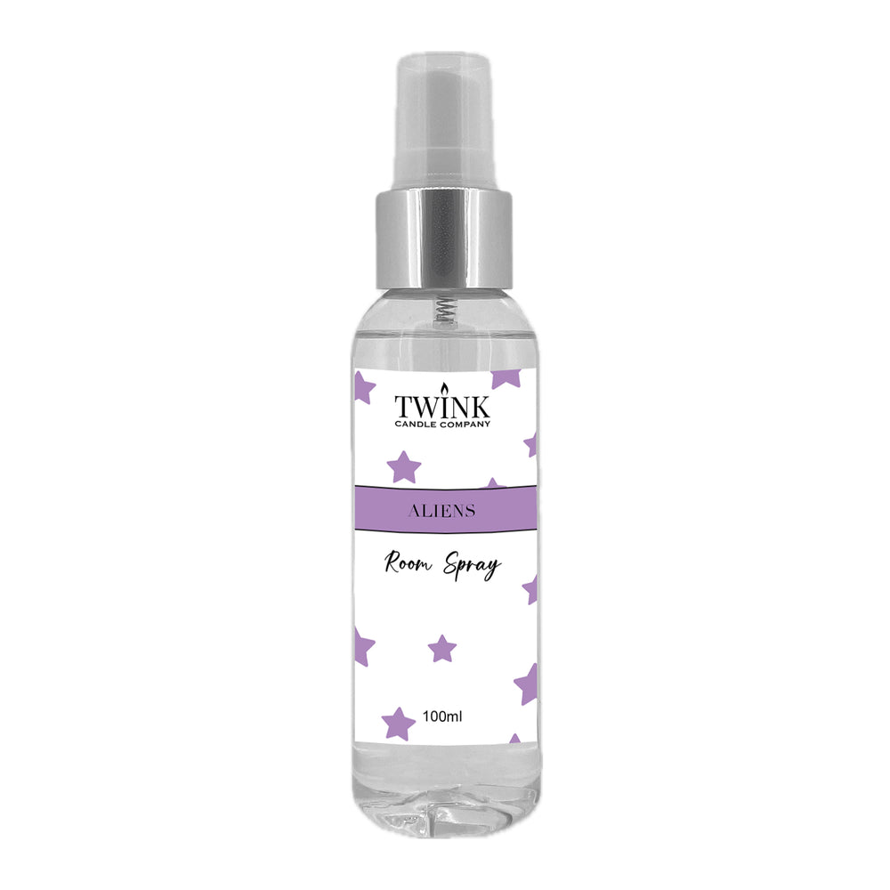 Aliens inspired room spray by Twink Candle Company, a clear 100ml bottle with a spray top and purple star label